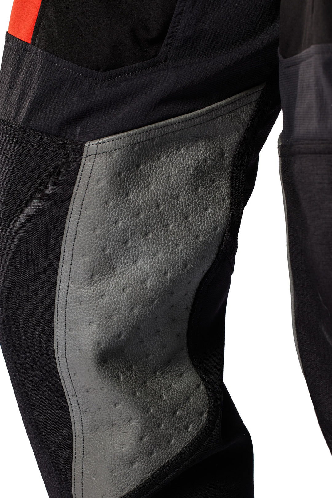 REV’IT! Lejano Motorcycle Trousers in black, close-up knee reinforcement detail.
