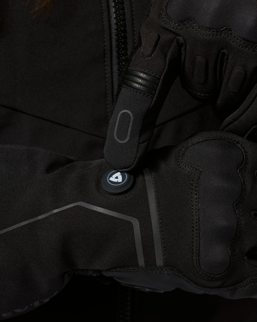 REV’IT! Liberty 2 H2O Ladies Heated Motorcycle Gloves in black, close-up view.