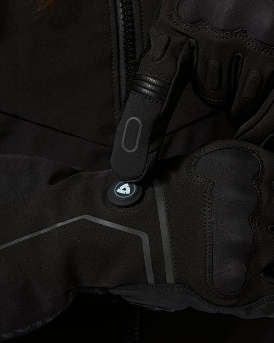 REV’IT! Liberty 2 H2O Ladies Heated Motorcycle Gloves in black, close-up view.