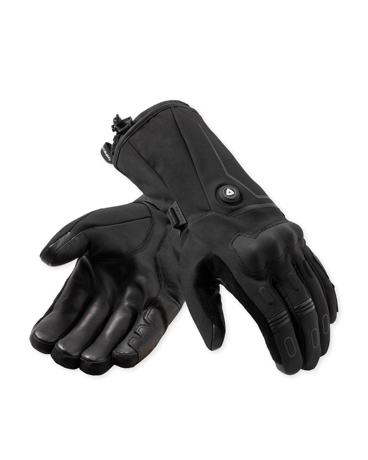 REV’IT! Liberty 2 H2O Men’s Heated Motorcycle Gloves in black, front and palm view.
