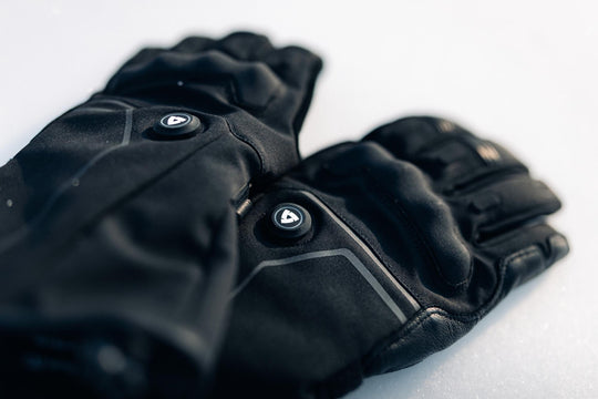 REV’IT! Liberty 2 H2O Men’s Heated Motorcycle Gloves in black, close-up heating control detail.

