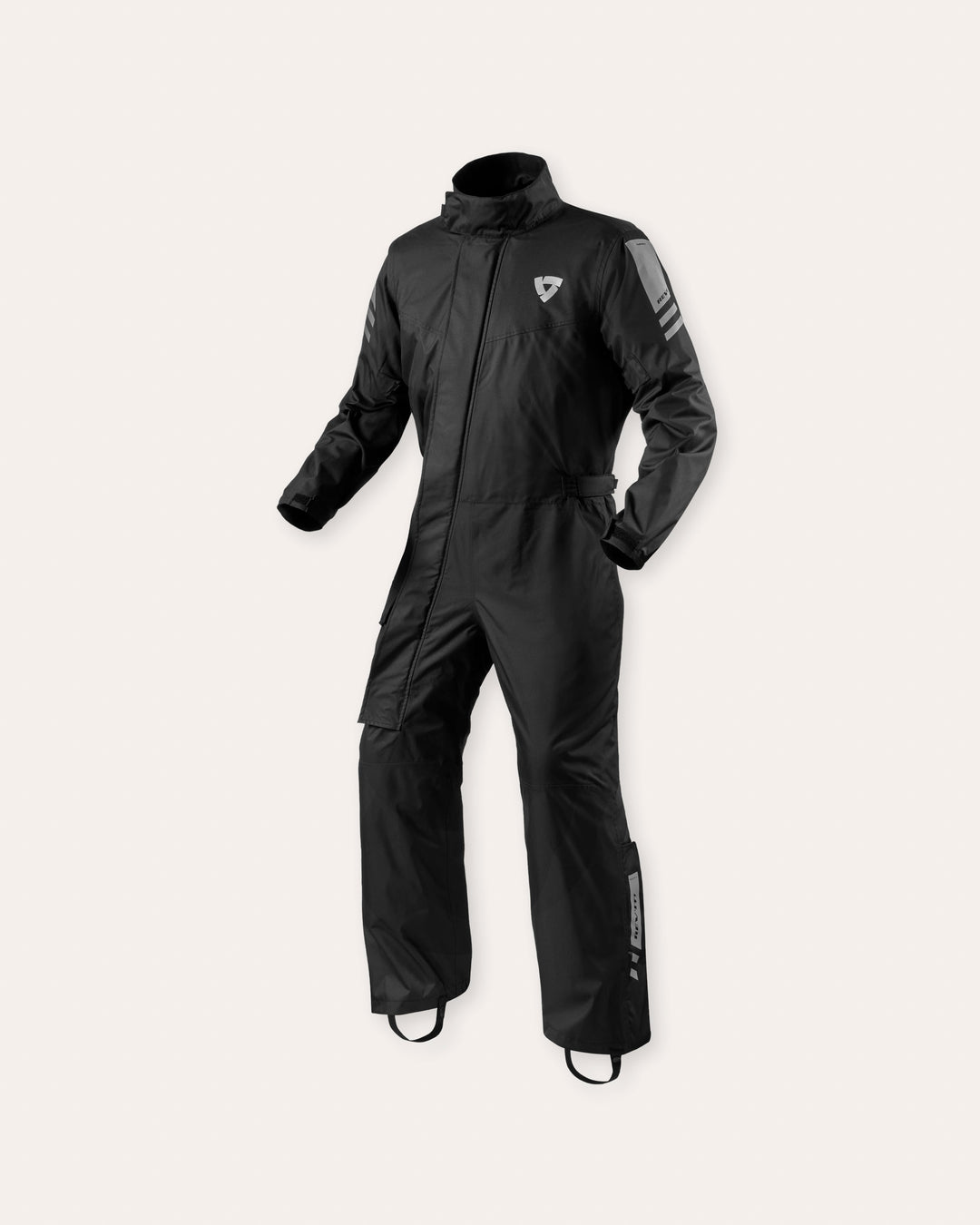 REV'IT! Pacific 4 H2O black motorcycle rain suit front view – waterproof one-piece over suit