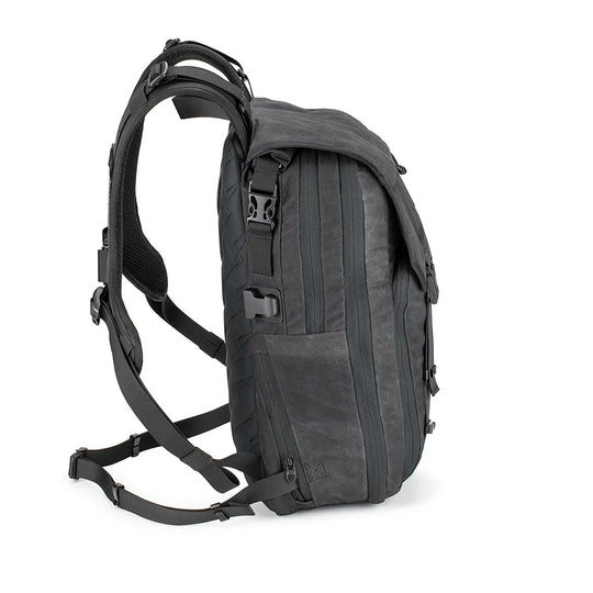 Side view of Roland Sands Design x Kriega Roam 34 Backpack on white background