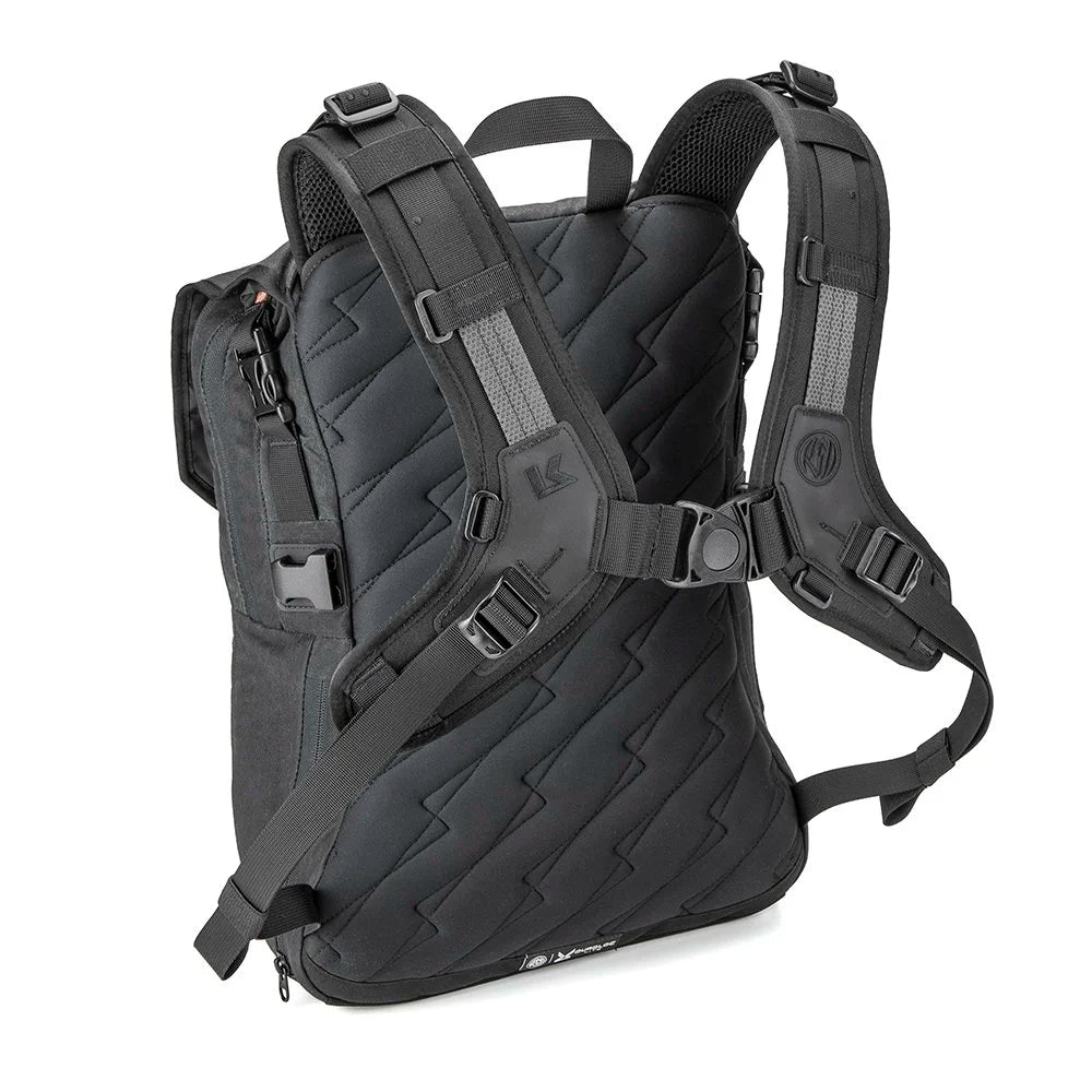 Back view of Roland Sands Design x Kriega Roam 34 Backpack in black showing harness system on white background
