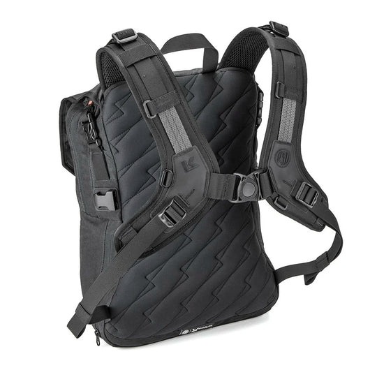 Back view of Roland Sands Design x Kriega Roam 34 Backpack in black showing harness system on white background