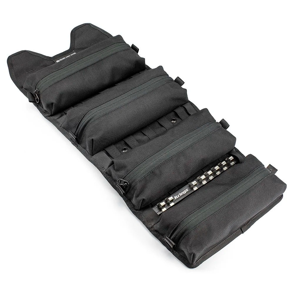 Roland Sands Design x Kriega Roam Tool Roll open with multiple zipped compartments on white background