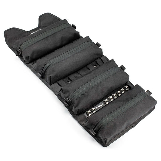Roland Sands Design x Kriega Roam Tool Roll open with multiple zipped compartments on white background