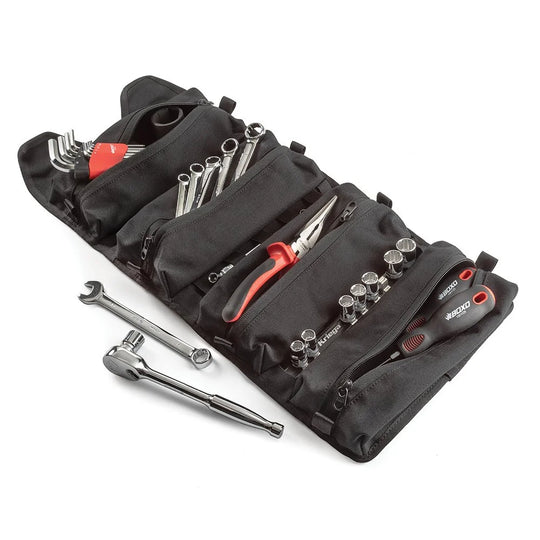 Roland Sands Design x Kriega Roam Tool Roll open with tools displayed on white background