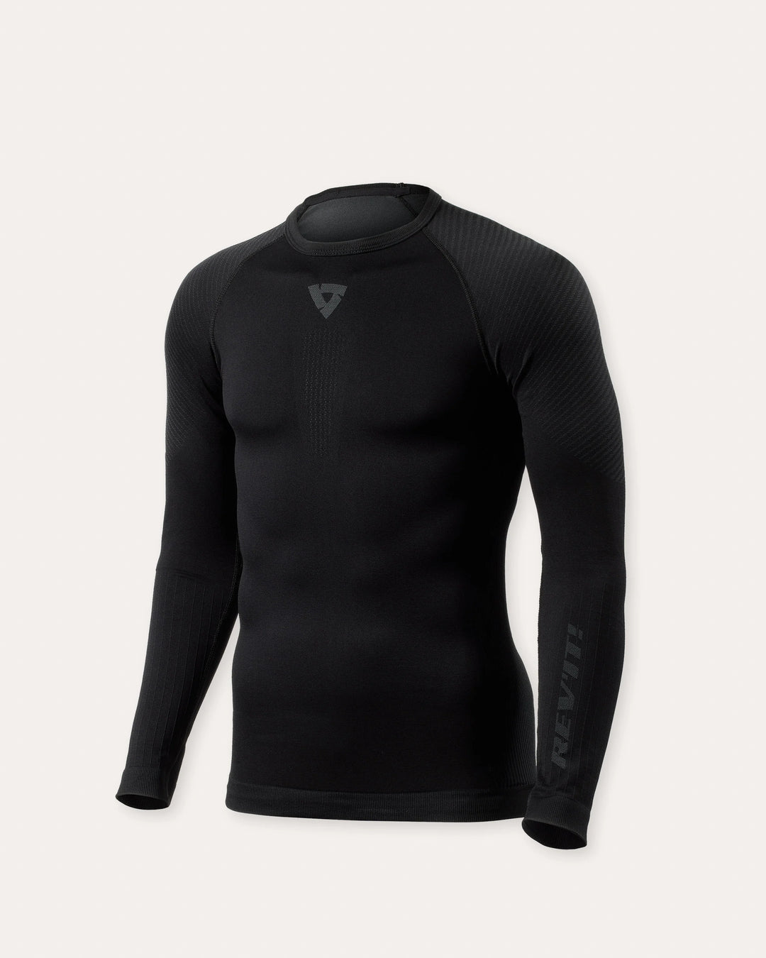 Black long sleeve technical base layer top with compression fit and breathable paneling