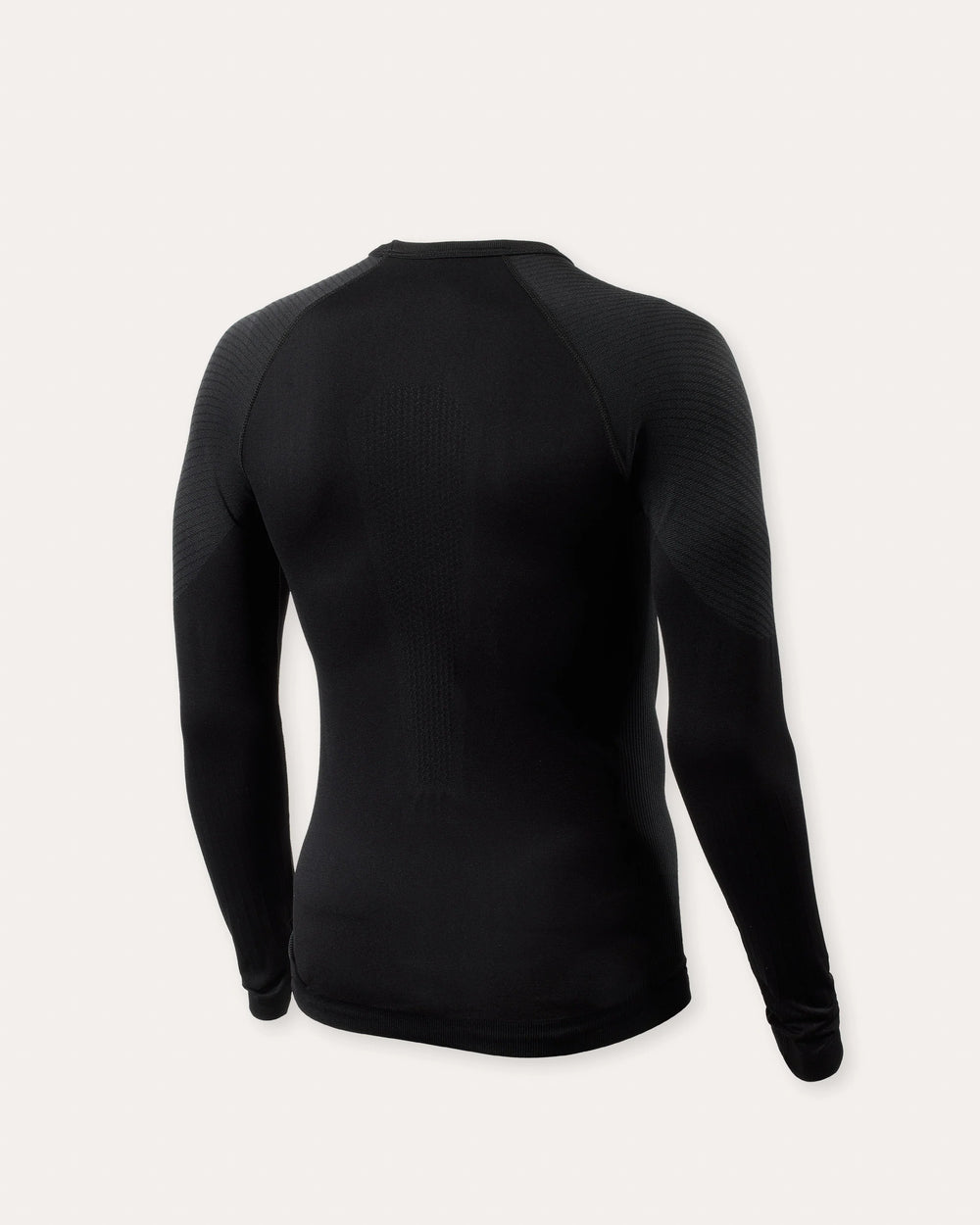 Black long sleeve technical base layer top rear view with breathable paneling and compression fit
