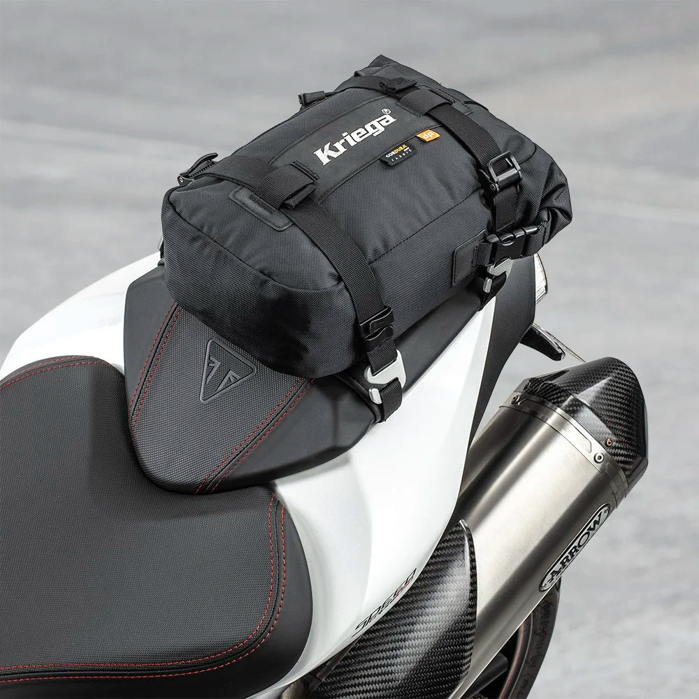 Kriega Drypack US-5 waterproof motorcycle bag mounted on Triumph seat