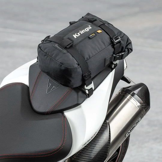 Kriega Drypack US-5 waterproof motorcycle bag mounted on Triumph seat