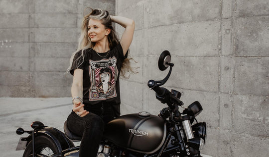 Wildust-sister-woman-rider-tee-front-model-triumph-motorcyle