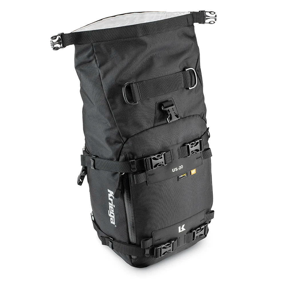 Kriega US-20 Drypack motorcycle luggage with roll-top opening and straps on a white background
