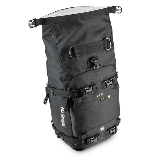 Kriega US-20 Drypack motorcycle luggage with roll-top opening and straps on a white background