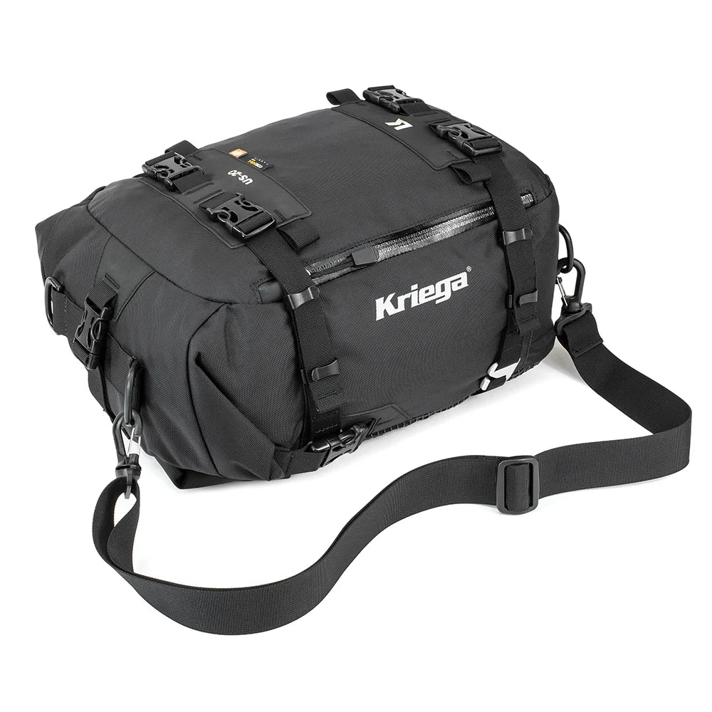 Kriega US-20 Drypack motorcycle luggage with detachable shoulder strap on a white background