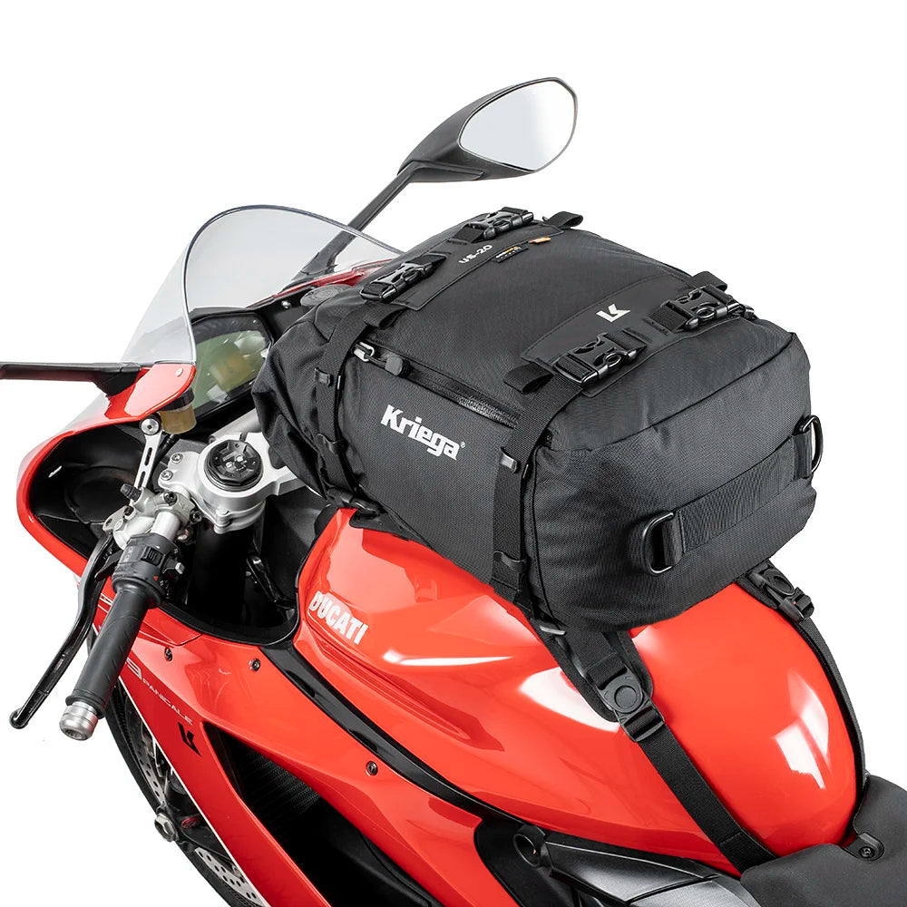Kriega US-20 Drypack mounted as a tank bag on a red Ducati motorcycle