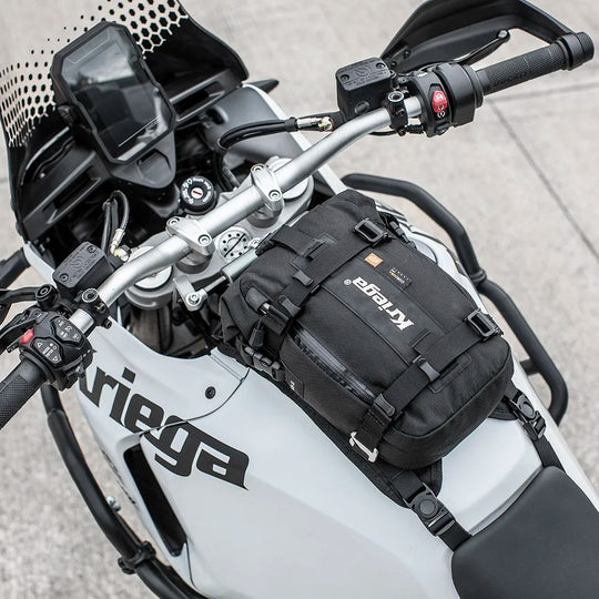 Kriega US-5 Drypack motorcycle bag mounted on Ducati DesertX fuel tank