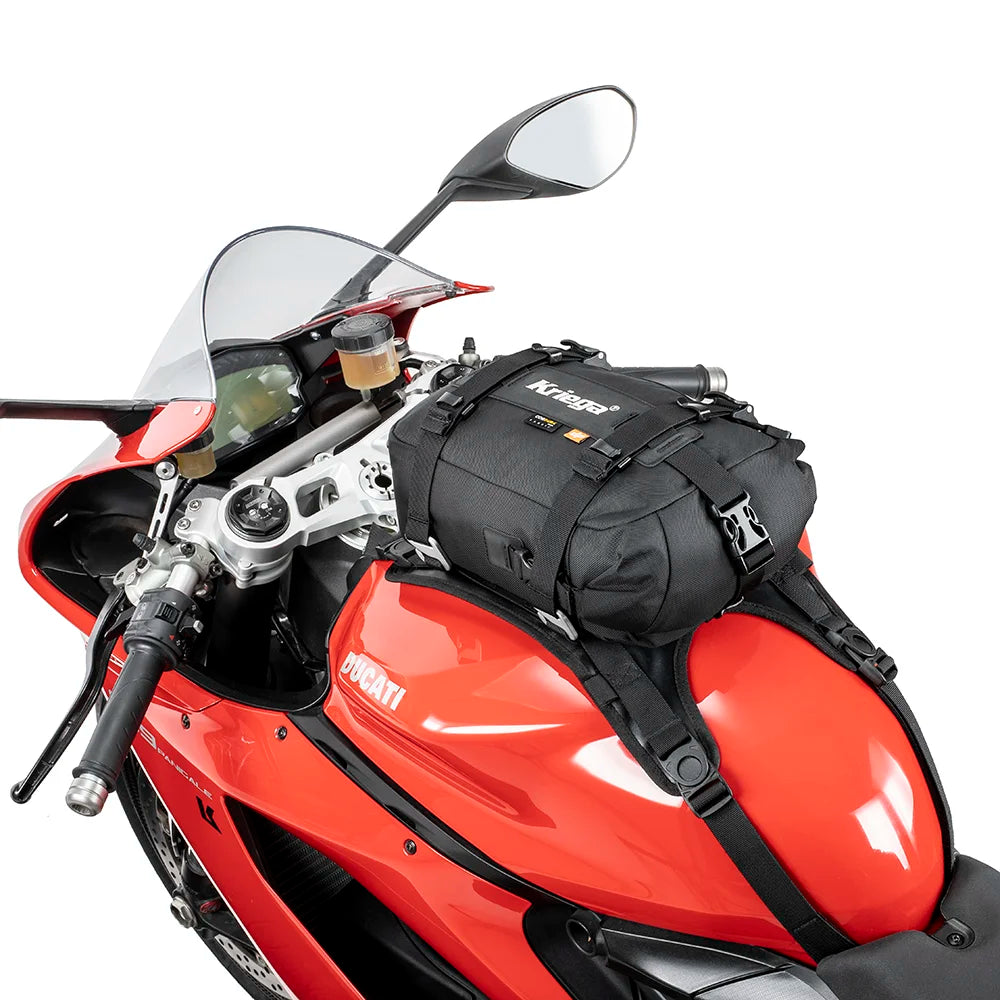Kriega US-5 Drypack mounted as a tank bag on red Ducati motorcycle