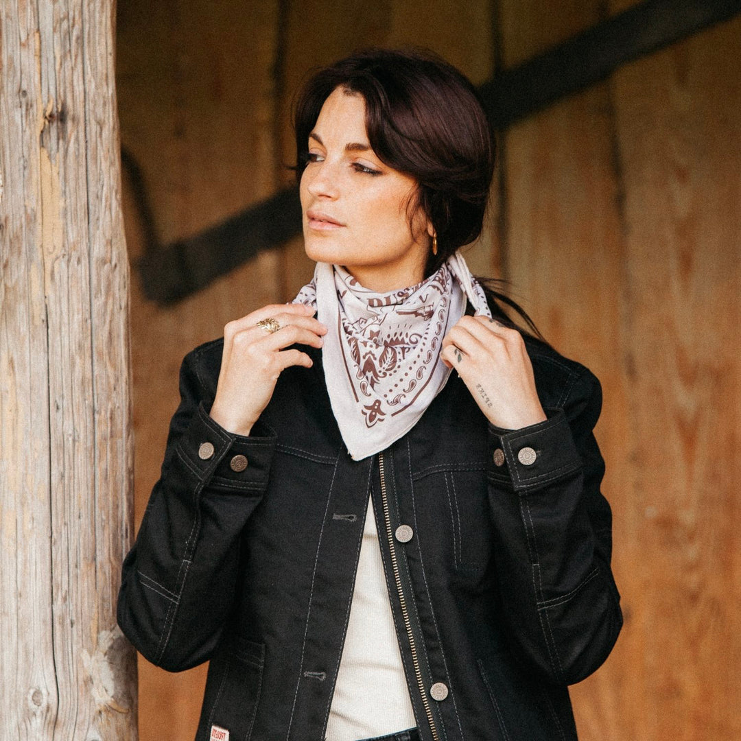Close-up of Best in the West Scarf showing detailed Wildust print and soft Lycra texture