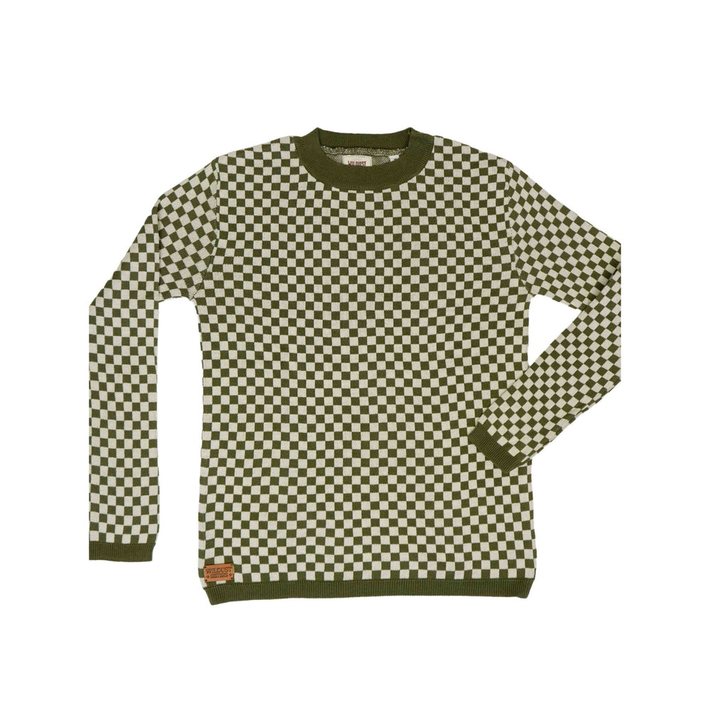 Wildust Sisters Vintage Racing Jumper in Khaki with vintage-inspired chequered cotton knit