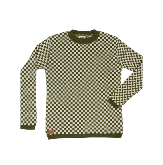 Wildust Sisters Vintage Racing Jumper in Khaki with vintage-inspired chequered cotton knit