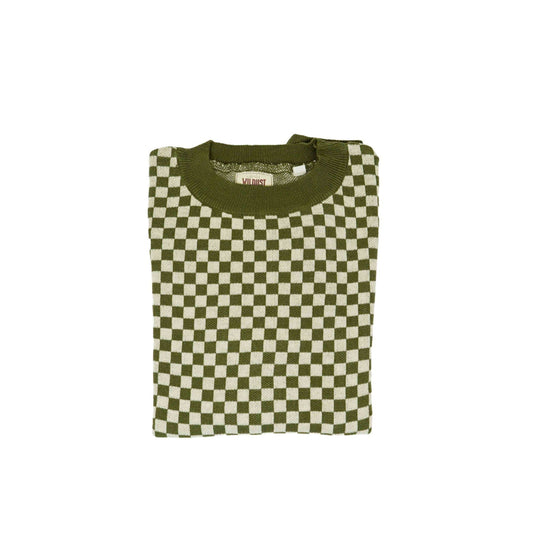 Folded Wildust Sisters Vintage Racing Jumper in Khaki featuring a vintage-inspired chequered cotton knit