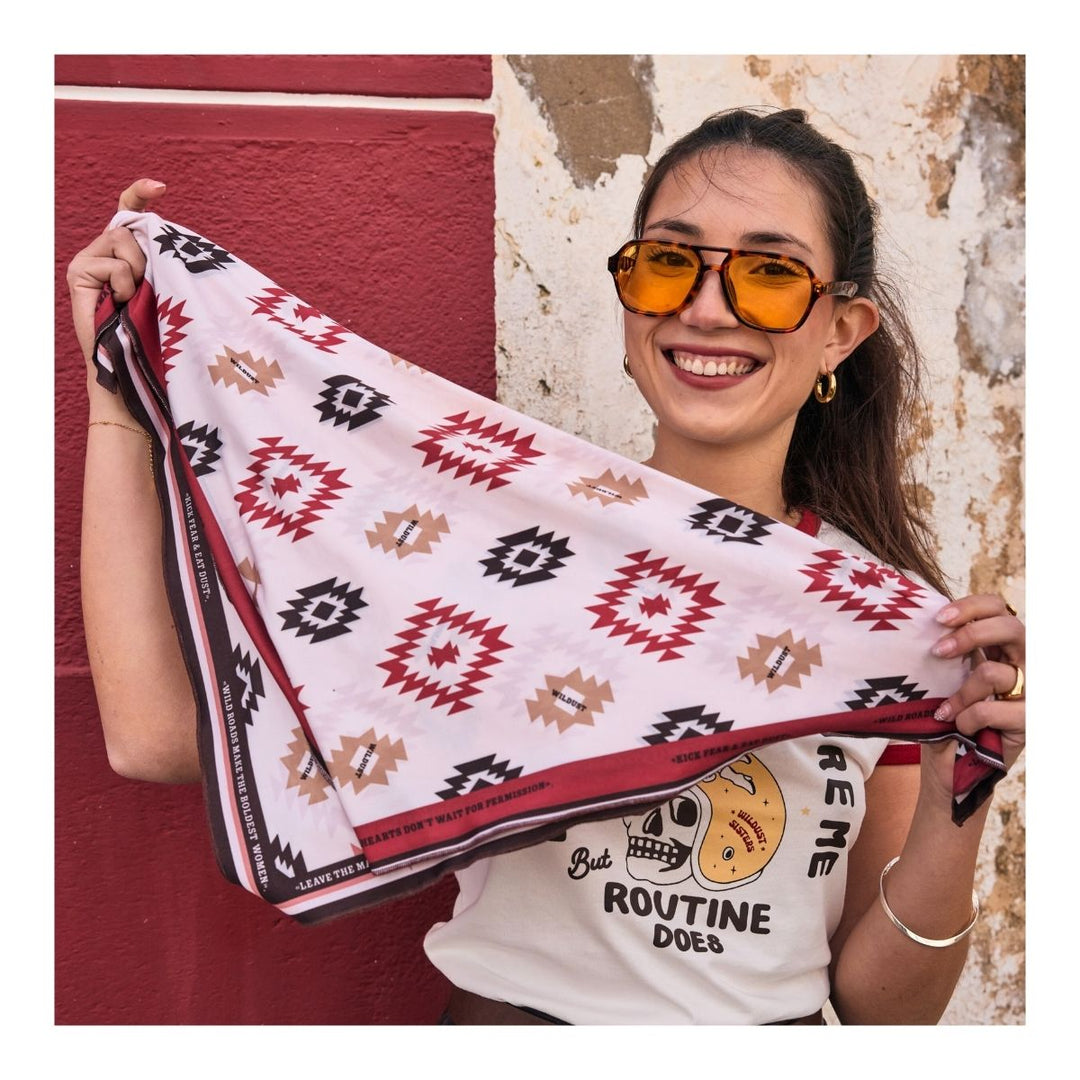 Wildust Sisters Apache motorcycle scarf white geometric print held lifestyle image