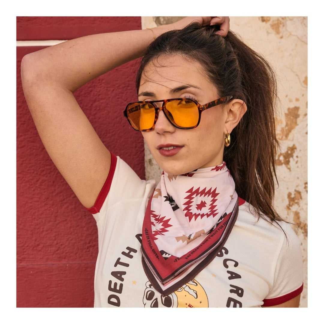 Wildust Sisters Apache motorcycle scarf worn neck lifestyle image geometric print
