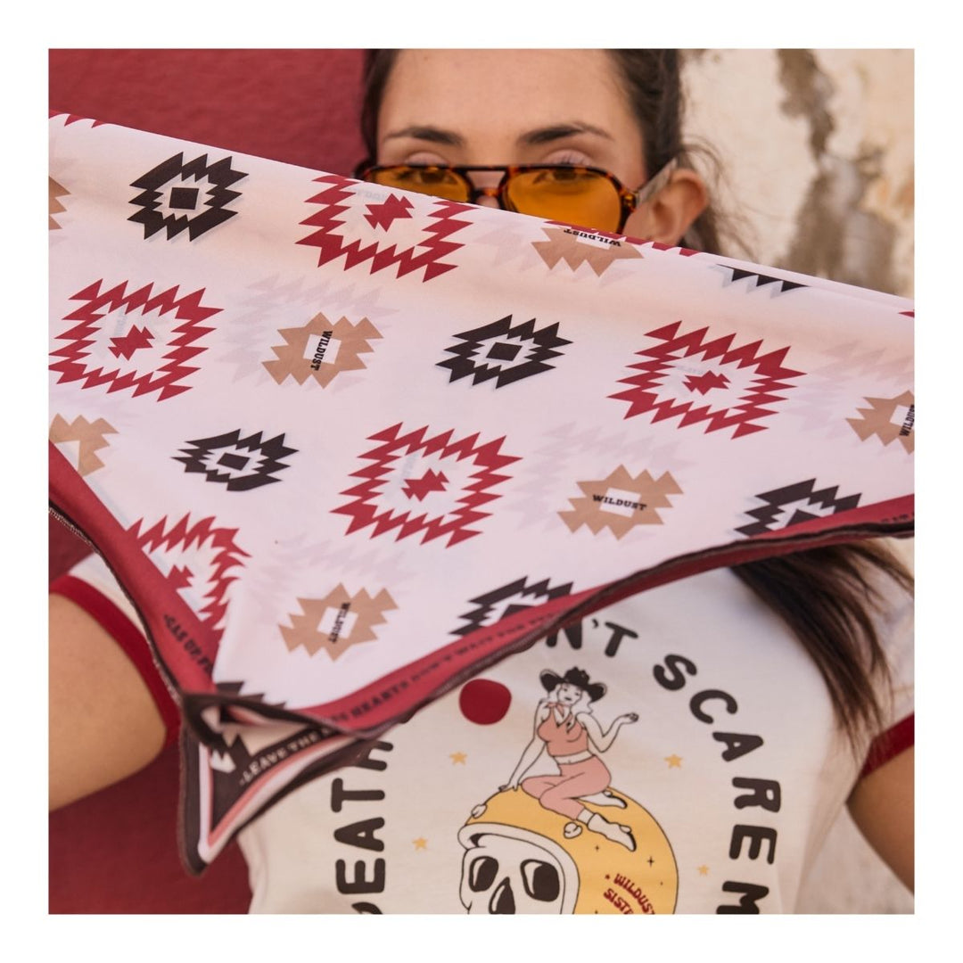 Wildust Sisters Apache motorcycle scarf close-up geometric pattern lifestyle detail image