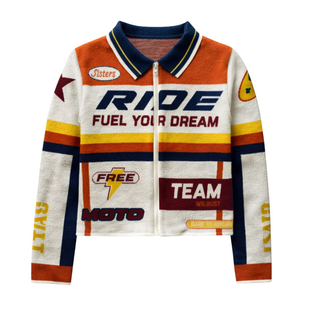 Wildust Sisters Fast Track cardigan front view motorcycle riding knit