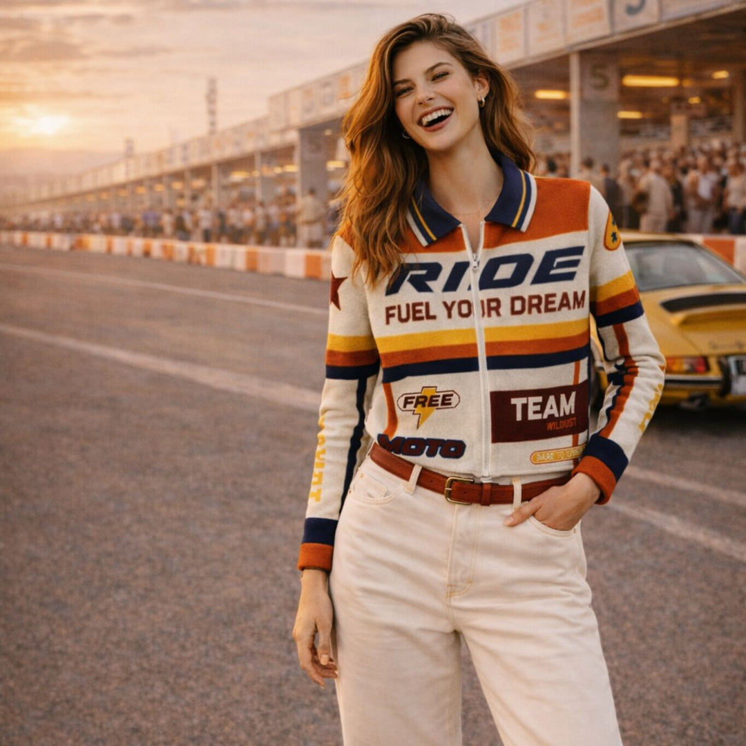 Wildust Sisters Fast Track cardigan worn by rider smiling lifestyle front view