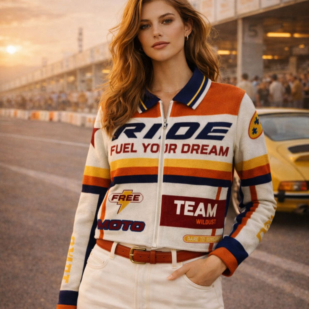 Wildust Sisters Fast Track cardigan worn by rider lifestyle front view