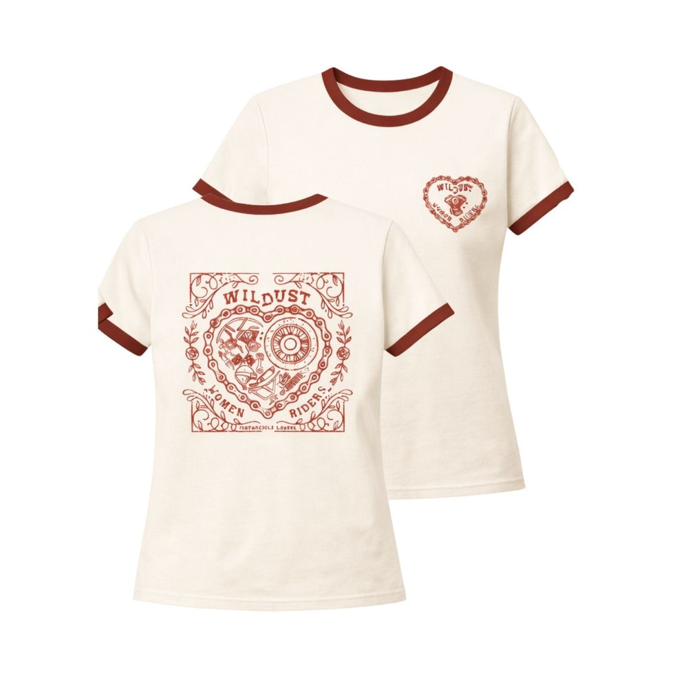 Wildust Sisters Heart Ride ringer t-shirt front and back graphic product image cream tee red trim