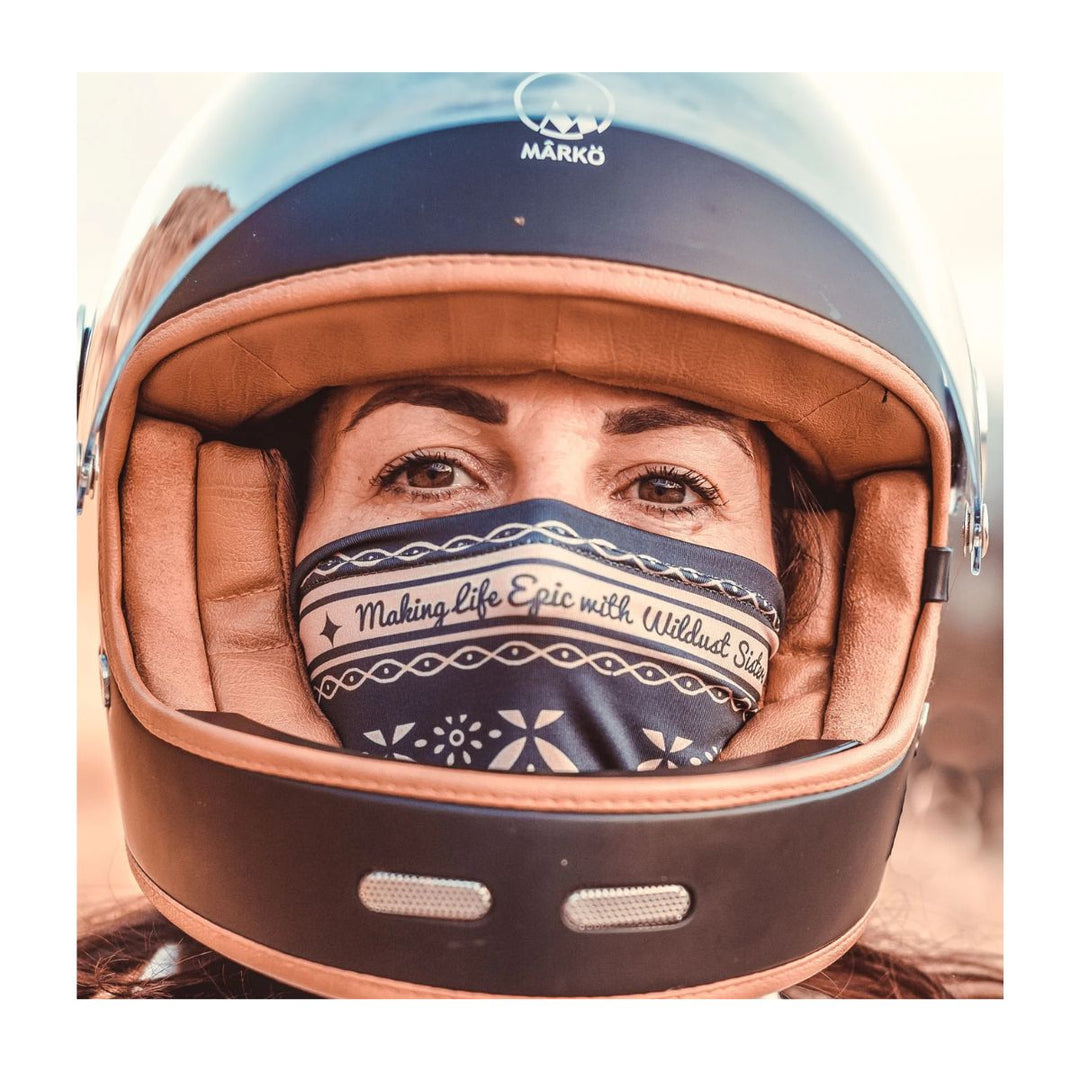 Wildust Sisters neckwarmer epic black graphic print face cover helmet lifestyle worn view