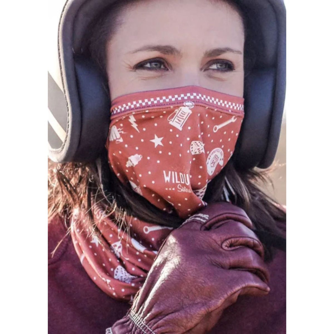 Wildust Sisters neckwarmer red chilli graphic print face cover lifestyle worn view