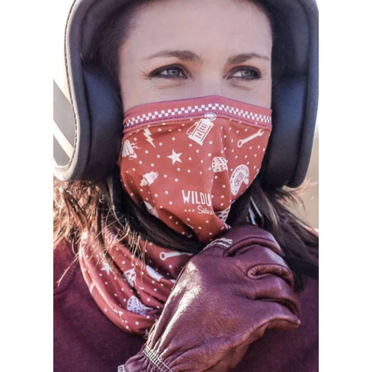Wildust Sisters neckwarmer red chilli graphic print face cover lifestyle worn view