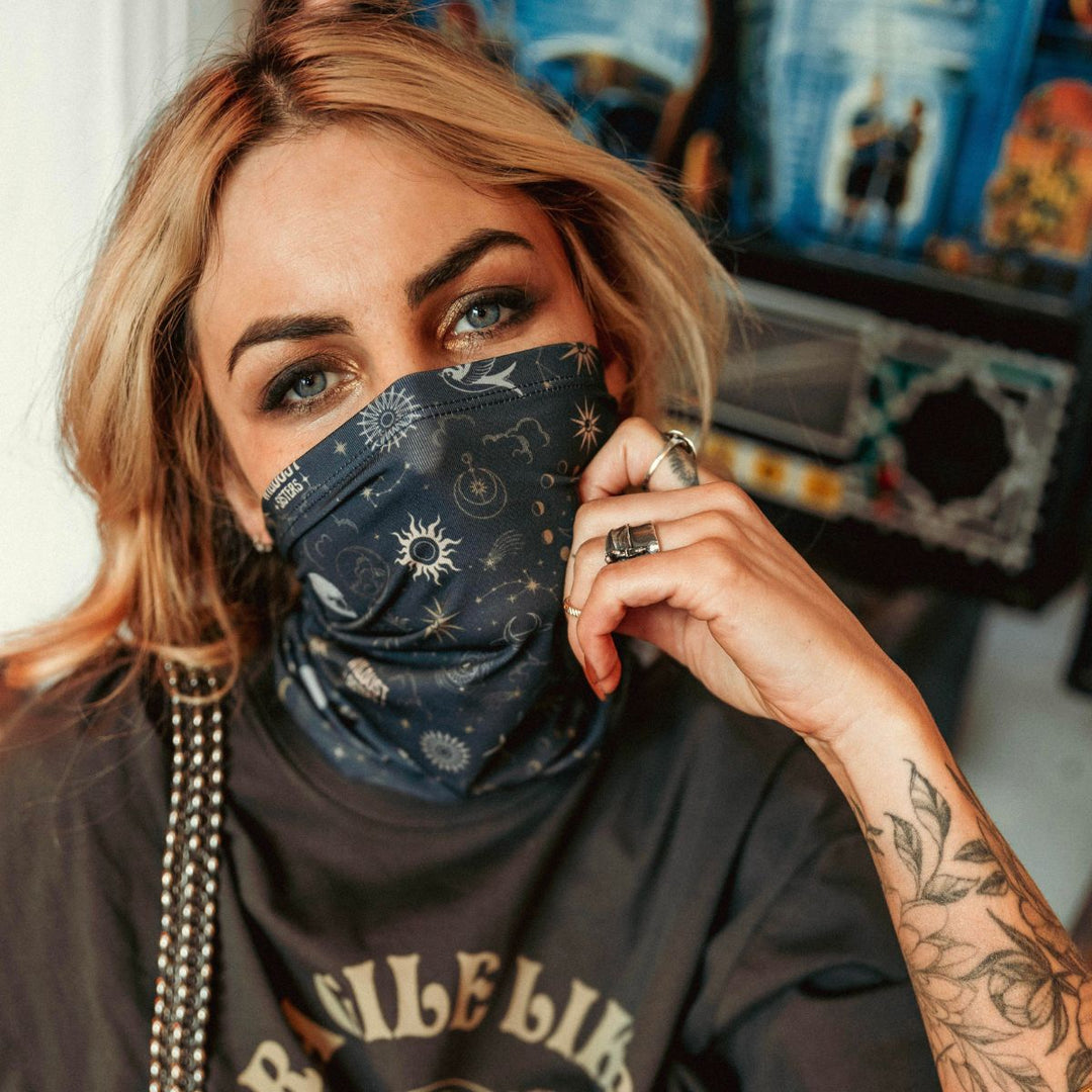Wildust Sisters neckwarmer moonchild navy celestial print face cover lifestyle portrait worn view