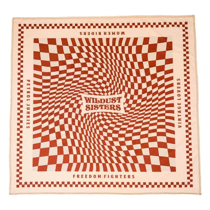 Wildust Sisters Petrol Junkies scarf in brown and cream, flat lay view
