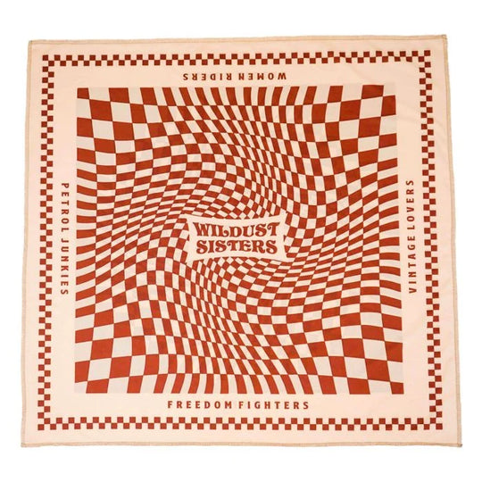 Wildust Sisters Petrol Junkies scarf in brown and cream, flat lay view
