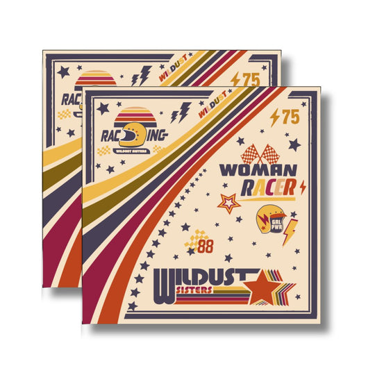 Wildust Sisters Pole Position motorcycle scarf with retro racing stripe design in beige and multicolour
