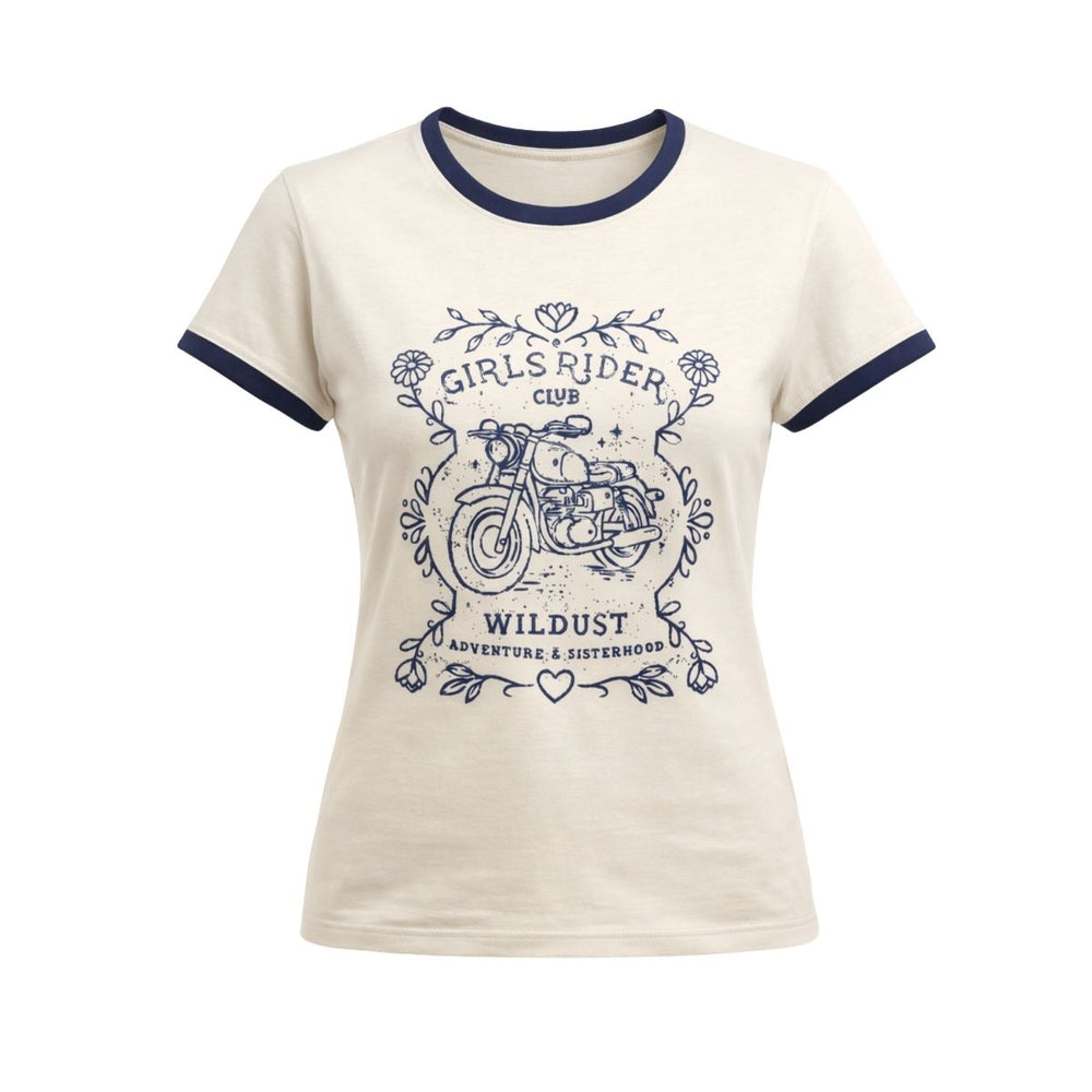 Wildust Sisters Riders Club ringer t-shirt women’s cream tee blue trim front graphic product image