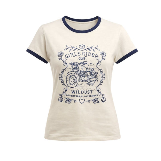 Wildust Sisters Riders Club ringer t-shirt women’s cream tee blue trim front graphic product image