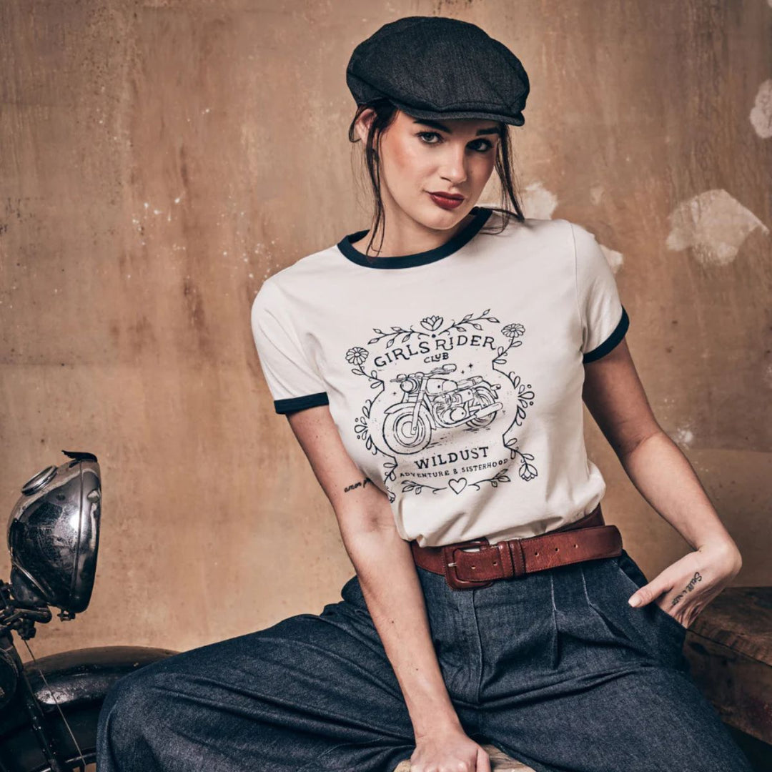 Wildust Sisters Riders Club t-shirt women’s lifestyle image with vintage motorcycle graphic and retro styling