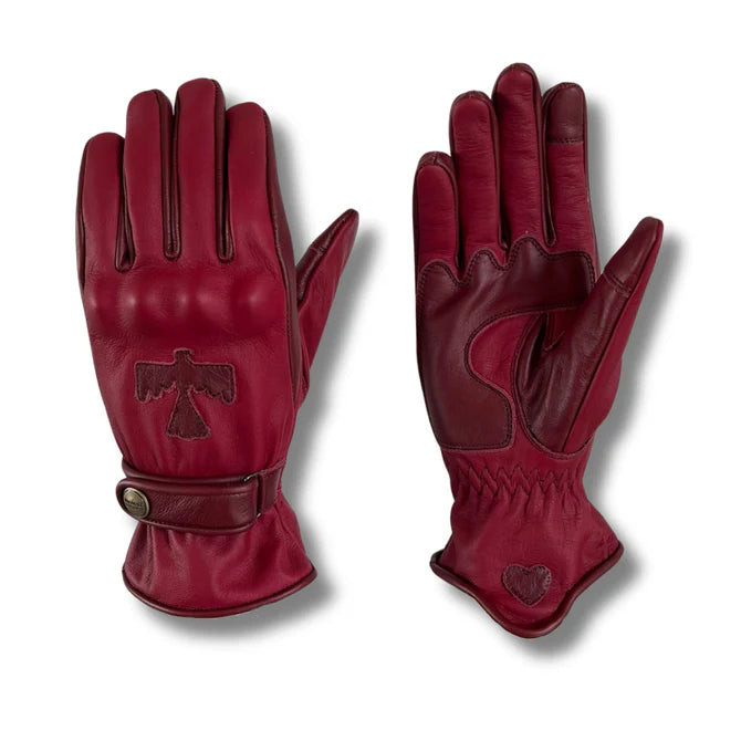 Wildust Sisters Sunclaw red leather gloves, top and palm side view on white background