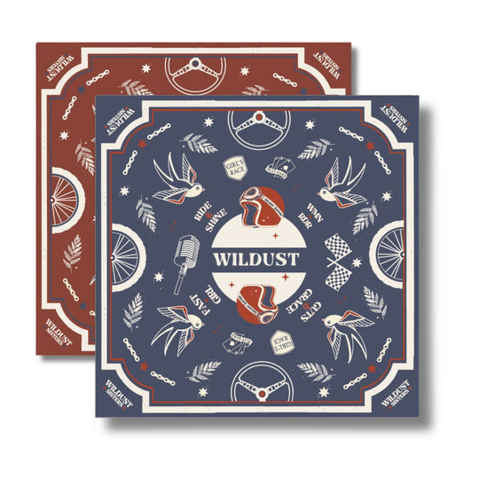 Wildust Sisters Victory scarf blue and red graphic print front and reverse flat lay product view
