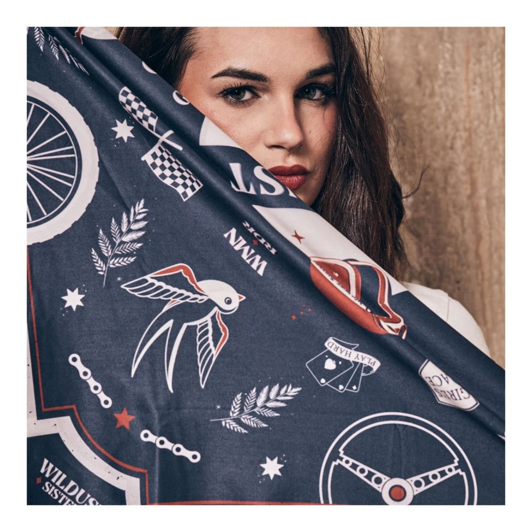 Wildust Sisters Victory motorcycle scarf blue graphic print close up lifestyle image