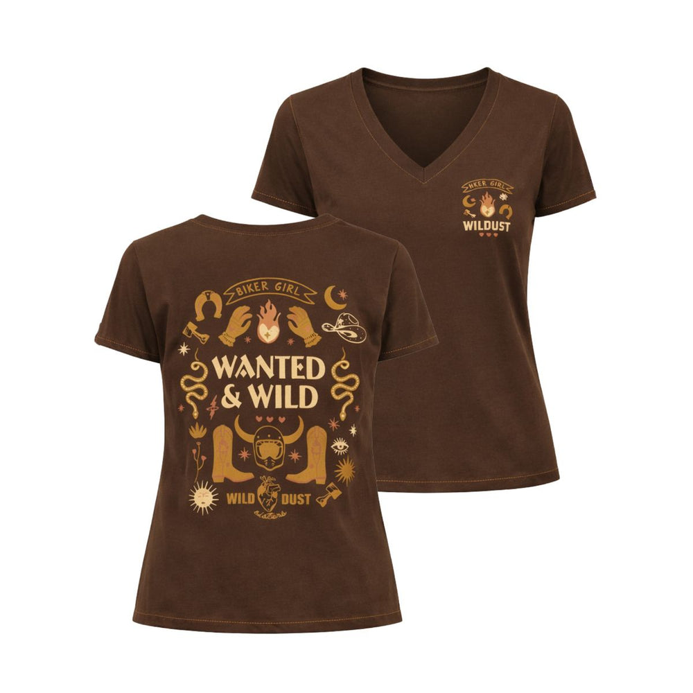Wildust Sisters Wanted and Wild tee brown graphic print front and back product view