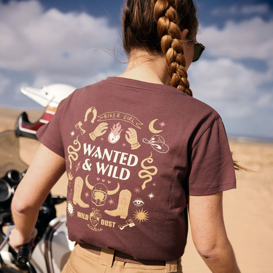 Wildust Sisters Wanted & Wild tee brown back graphic print lifestyle riding view