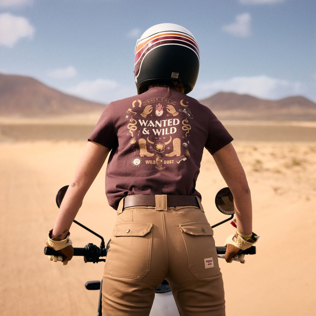 Wildust Sisters Wanted & Wild tee brown back print desert riding lifestyle view